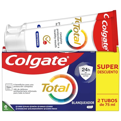 COLGATE Total Blanqueador Pasta de Dientes Blanqueadora, 2 Uds x 75 ml, Dentífrico Blanqueador con 24H de Defensa Antibacteriana Reforzada para la Boca*, Tecnología Antibacteriana de Doble Zinc