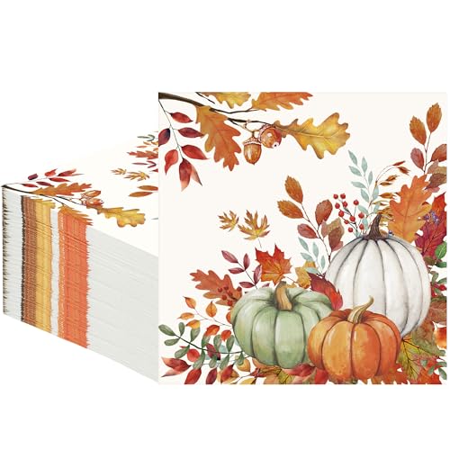 50 PCS Fall Pumpkin Paper Napkins Watercolor Autumn Luncheon Napk...