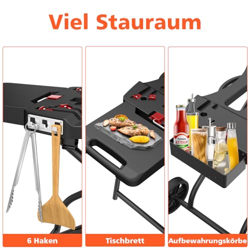 Denmay Tragbarer Grillwagen mit Rad für Weber Q1200, Q1000, Q2200, Q2000 Serie, für Blackstone 43CM 56CM Tischgrillplatten, Faltbarer Grillwagen, Grillständer für draußen