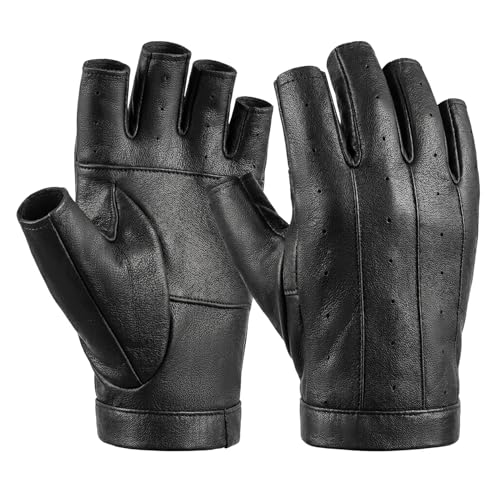 Aegend Medium Sheepskin Leather Fingerless Gloves Breathable Black Driving Gloves for Men & Women Premium Leather Palm for Motorcycling Cycling and Everyday Wear