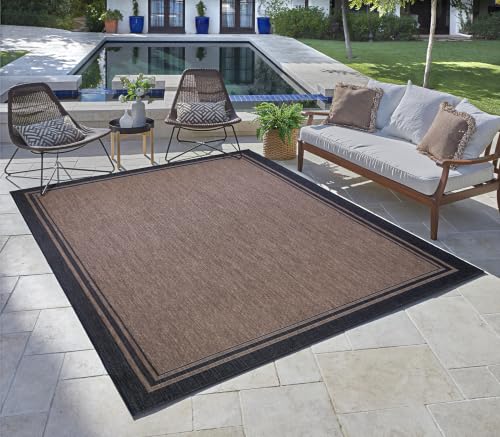 Gertmenian Indoor/Outdoor Flatweave Area Rug - 6x9 Medium, Stain & UV Resistant, Ideal for Deck, Patio, Poolside, Mudroom - Simple Border, Black Nut Brown, 22225