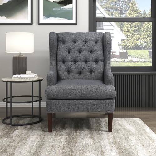 Lexicon Living Room Accent Chair, Textured Fabric Upholstered Reading Chair, Button-Tufted, High Wingback for Living Room/Bedroom/Office, Charcoal