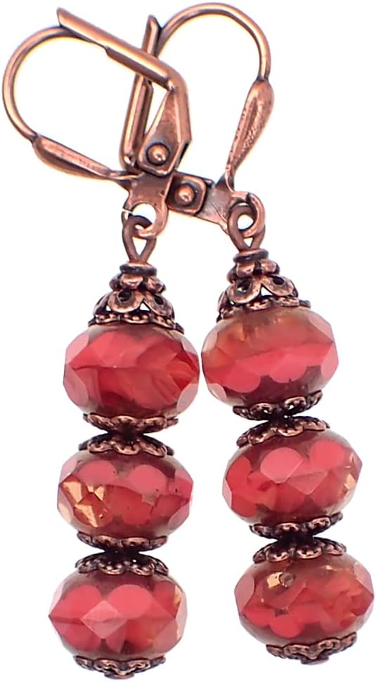 Artisan Czech Glass Stacked Rondelle Earrings in Coral, Peach, and Copper
