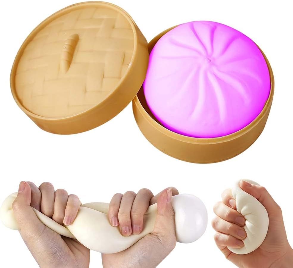 Dumpling Squishies Stress Ball, Soft Squeeze Decompression Ball with Steamer Box, Relaxation Gift (Purple)