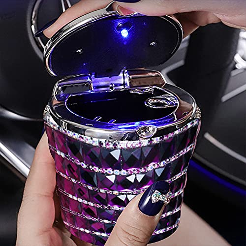 Image of Surakey Ashtray for Car Crystal Car Ashtray Cigarettes Ash Holder Container with Blue LED Light, Auto Car Diamond Cover Ashtray Holder,Windproof for Outdoor Travel,Home Use Purple