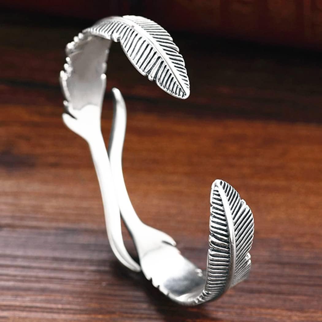FUTIMELY Silver Leaf Bracelet Vintage Adjustable Feather Bracelet Trendy Hollow Rose Flower Leaves Cuff Bangle Wedding Bangle for Women Men (Silver Feather Bracelet) - Image 5