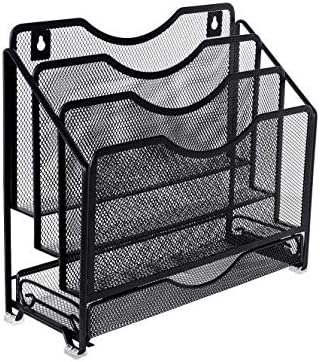 EasyPAG Mesh Desk Paper Organizer Wall Hanging File Holder with 3 Upright File Organizer and Sliding Drawer,Black