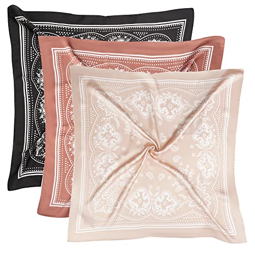 VANLINKER 27.5 Inches Silk Head Scarf for Women Men Vintage Bandanas Satin Hair Scarf Silk Wrap Neck Square Scarves VL9549, Black+caramel+oatmeal, Middle