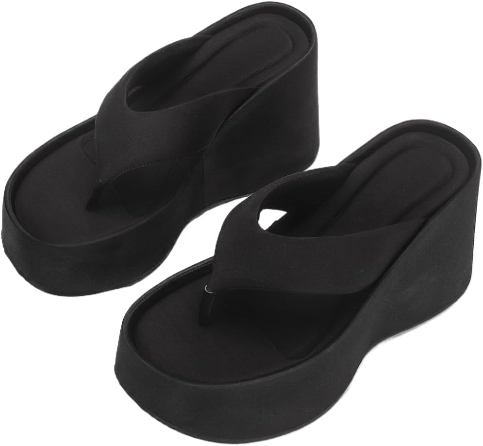 Womens Platform Wedge Flip-Flops Comfy Thick Sole Peep Round Toe Pillow Side Slip-On Chunky Thong Slides Sandals For Summer Casual Daily Beach Vacation
