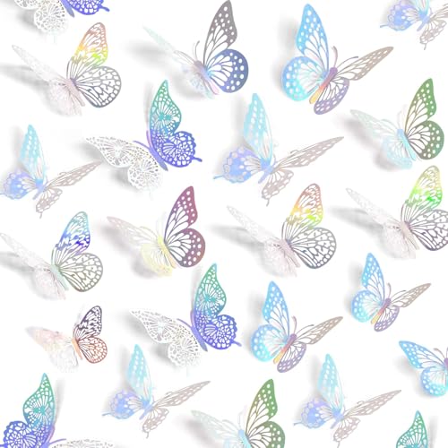 UCLEVER 48pcs 3D Butterfly Wall Stickers Laser Silver Removable 4 Style 3 Sizes for Bedrooms Festival Party Decorations (Laser Silver)