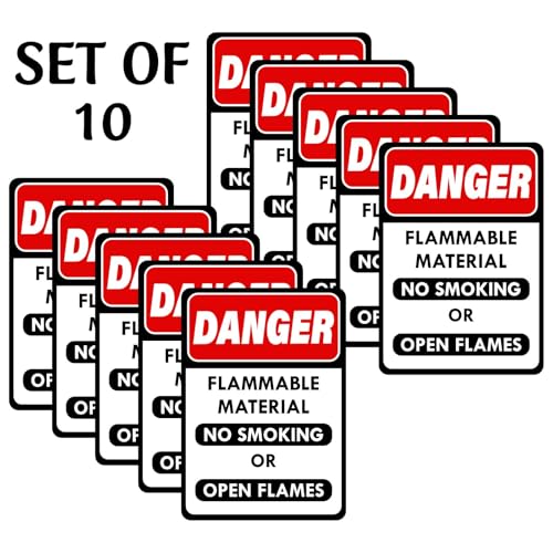 Image of CVANU Danger Flammable Material No Smoking or Open Flames Warning Safety Self-Adhesive Waterproof PVC Vinyl Sign Sticker Size (11.7inchX8.3inch) Pack of 10
