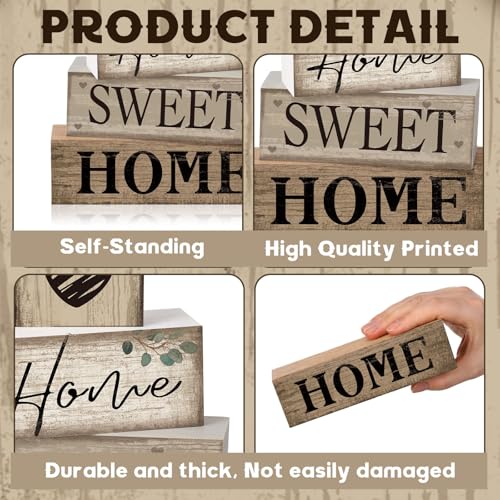 Image of Moucuny 4 Pcs Wooden Farmhouse Tabletop Decor Rustic Home Tiered Tray Decor Decorative Highland Cow Home Eucalyptus Block Signs Gift Farmhouse Table Decoration for Kitchen Shelf(House)