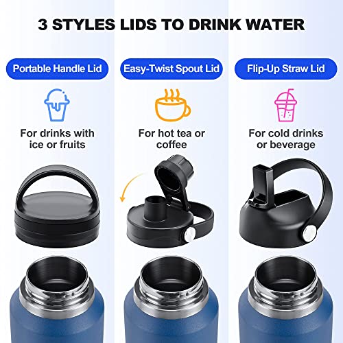 Image of HYDROWION Insulated Water Bottles, Water Bottle fits in Car Cup Holder (Cold 48 hrs, Hot 24 hrs) with Straw Lid, Spout Lid and Flex Cap,T-shpaed Water Bottle Leakproof Travel Thermo Tumbler,Blue&Black