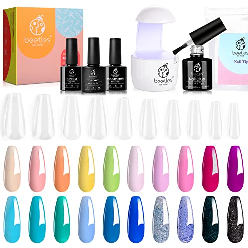 Beetles Nail Tips and Glue Gel UV LED Lamp Kit with 23 Pcs Gel Nail Polish Kit, with Glossy & Matte Top Coat and Base Coat - Fantasyland Collection Girly Colors Collection