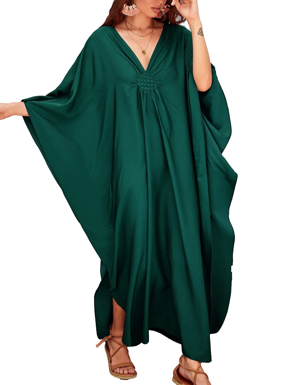 Bsubseach Women Solid Color Cover Up V Neck Batwing Sleeve Plus Size Beach Kaftan Dresses