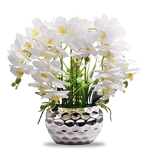 Faux Orchid Artificial Flowers With Silver Ceramic Vase, Artificial Plants For Home Table Decor Indoor #TOP30