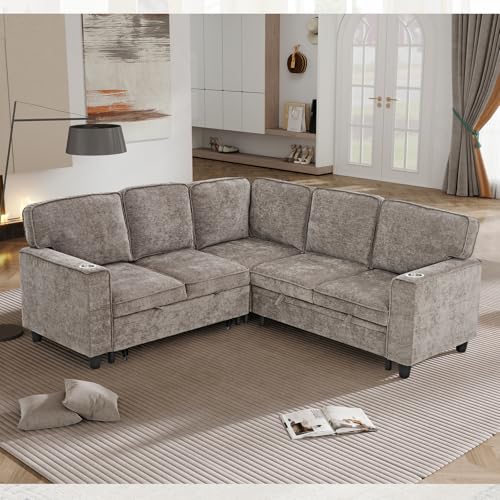 Image of KEIKI 81 inch L-Shaped Oversized Chenille Modular Sectional Sleeper Sofa with Pull-Out Bed, Storage Seat, Modern 5-Seater Upholstered Couch Bed with Charging Station, Easy Assembly, for Living Room, Brown