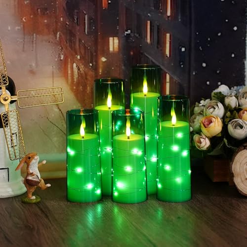 Image of kakoya Flameless LED Candles with Timer 5 Pc Flickering Flameless Candles for Romantic Ambiance and Home Decoration Stable Acrylic Shell,with Embedded Star String,Battery Operated Candles(Green)