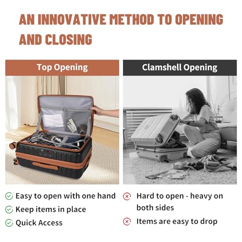 3-Piece 20/24 Top Opening Hardshell Lightweight Luggage and 28-Inch Clamshell Opening Suitcase with Spinner Wheels & TSA Locks, Black Brown, 20in/24in/28in3