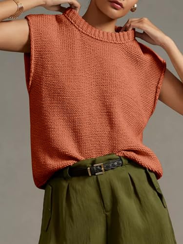 Womens Sleeveless Sweater Vest Crewneck Cap Sleeve Ribbed Knit Trendy Pullover Tank Tops Pink2