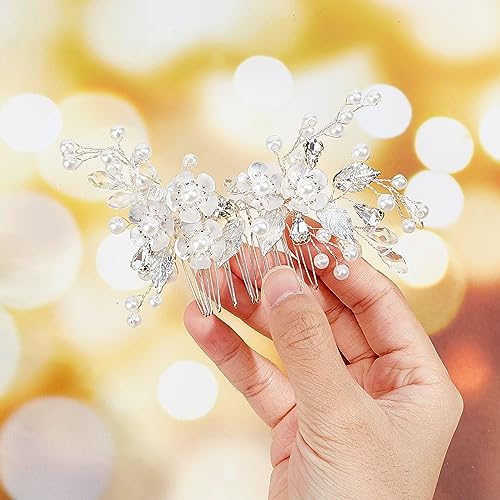 NICENEEDED Pente de cabelo de noiva de flor, enfeite lateral floral prateado, peça de cabelo com str