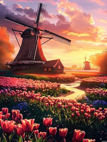 Kit peinture diamant 5D moulin et tulipes 30x40 cm pour adulte