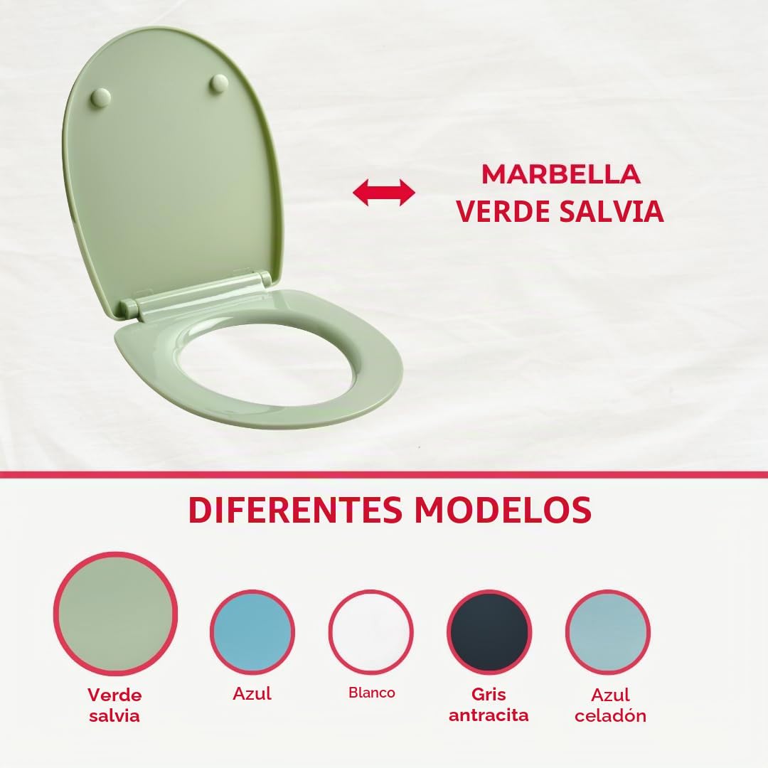 Wirquin 20724244 Marbella - Asiento para inodoro (termoplástico, con freno de caída, desmontable, forma de U, color verde salvia, termoplástico)