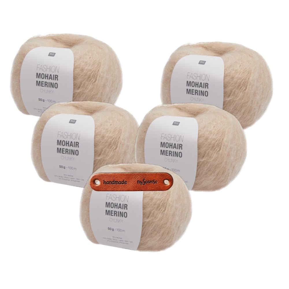 Rico Design FASHION MOHAIR MERINO CHUNKY NATUR Premium Wolle 5 x 50g flauschiges Luxusgarn für voluminöse Pullover Mützen Accessoires und warme Herbst Winter Looks mit mySearose Label