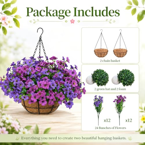 Image of 2 Set Outdoor Artificial Hanging Flower Baskets with Coco Liners, Purple
