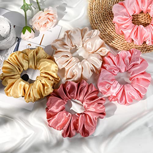Ceelgon Large Silk Satin Scrunchies For Women Big Scrunchies Jumbo Satin Hair Ties Oversized Hair Scrunchies For Thick Curly Hair Pack Of 6 (Pink,Champagne,Ivory,Gold) #TOP5