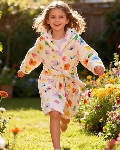 Image of Girls Fleece Hooded Robes, Warm Printed Bath Robe for Kids Soft Fuzzy Bathrobe for Gifts