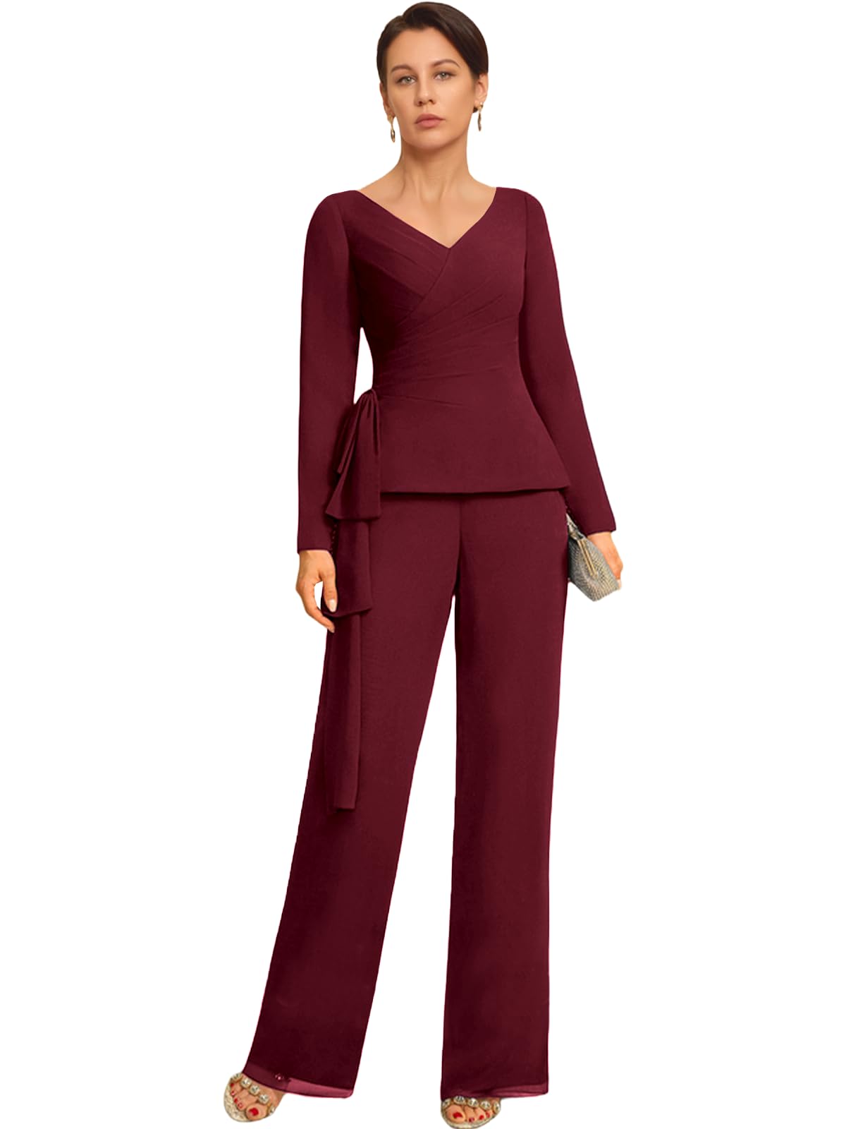 2 Piece Chiffon Mother of The Bride Pants Suits V Neck Long Sleeve Formal Evening Outfit