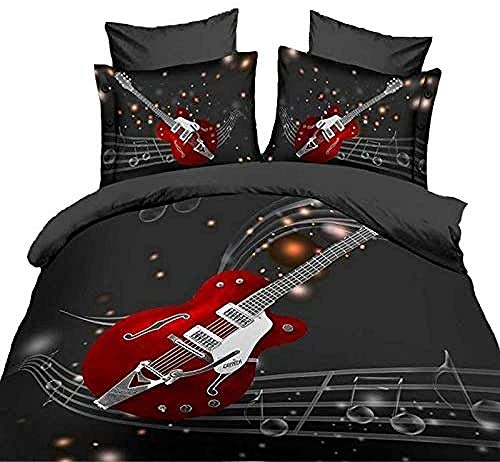 Bxnthd Parure De Lit 3 Pièces avec Musique Rouge Guitare Électrique Rock Personne Seule 135 X 200Cm Housse De Couette Imprimée Coton Polyester Couvre-Lit Impression en 3 2 Taies d'oreiller 50 X 75 Cm