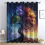 TERUEA Gardinen Vorhänge Gardine Blumen Farbiger kosmischer Baum mit Sternenhimmel Vintage Muster VerdunkelungsVorhänge Landhaus Polyester für Schlafzimmer Wohnzimmer-H140 x B110 cm (2er Pack)