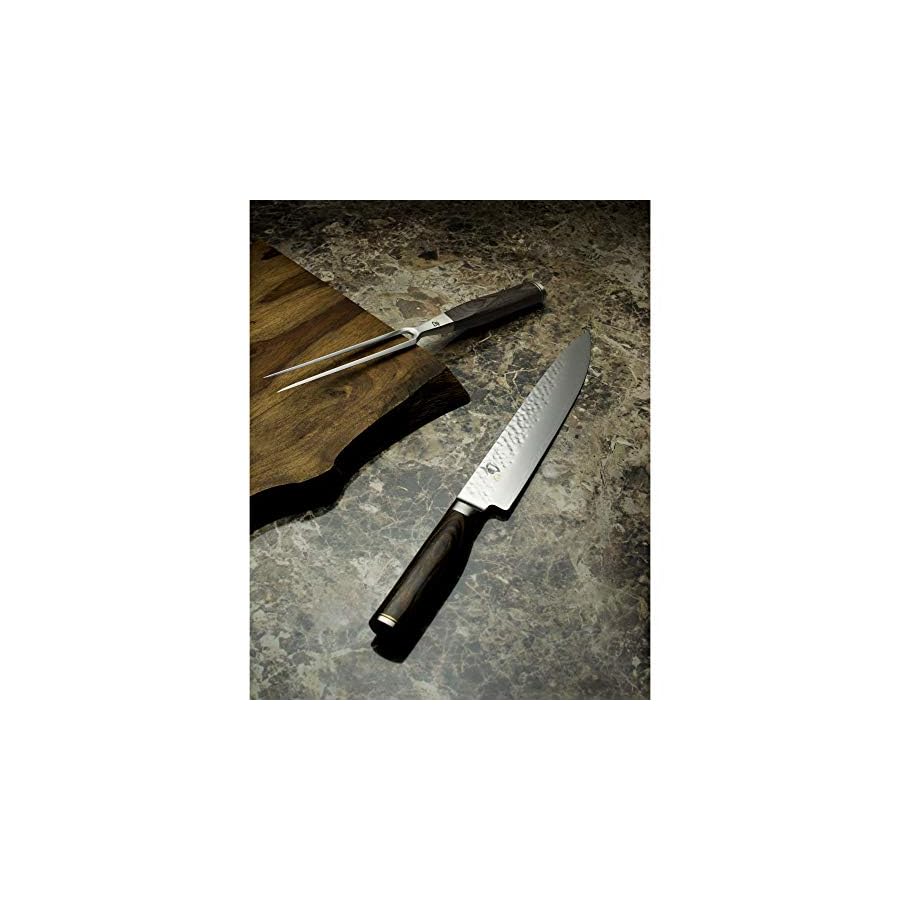 Shun-TDMS0200-Carving-Set-1-Silver Shun Premier 2 Piece Carving Set, Includes 9.5" Premier Slicing Knife and Carving Fork, Handcrafted Japanese Knife Set, VG-MAX Core with Damascus Stainless Steel Cladding, Pakkawood Handle