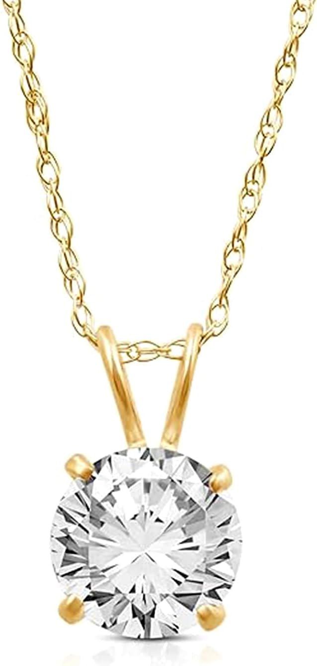 10K Yellow/White Gold Solitaire Pendant Necklace for Women | Dainty Round Cut White Cubic Zirconia Gold Necklace 6.5MM (1 CTW) & 7.5MM (1.5 CTW)| 18" Rope Chain| Gift Box Included