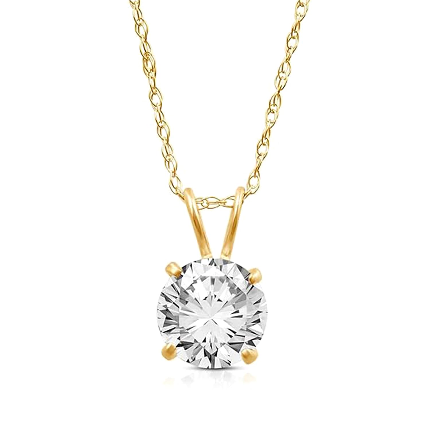 Jewelili 10K Yellow / White Gold Solitaire Pendant Necklace for Women | Dainty Round Cut Cubic Zirconia Gold Necklace 6.5MM (1 CTW), 7.5MM (1.5 CTW), 8.0MM (2.0 CTW) | 18" Rope Chain | Birthday Gift for Her | Gift Box Included