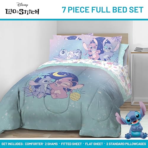 Image of Disney Lilo and Stitch Full Comforter Set 7 Piece Kids Bedding, Multi | Bed in a Bag, Comforter Sheets Shams Pillowcases, Official Brand, Soft Microfiber, Machine Washable, Girls Gift