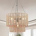 Hermasgi 4-Light Rattan Pendant Lights,Boho Light Fixtures,Farmhouse Drum Chandelier with 2-Tier Natural Rattan Shades,Adjustable Ceiling Hanging Lamp for Kitchen Island Bedroom Dining Room,Dia.19.6''