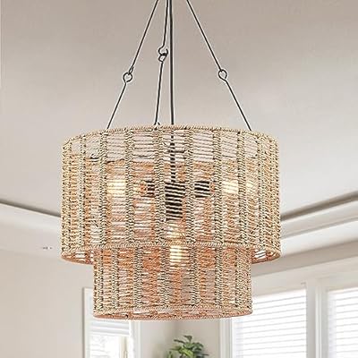 Hermasgi 4-Light Rattan Pendant Lights,Boho Light Fixtures,Farmhouse Drum Chandelier with 2-Tier Natural Rattan Shades,Adjustable Ceiling Hanging Lamp for Kitchen Island Bedroom Dining Room,Dia.19.6''