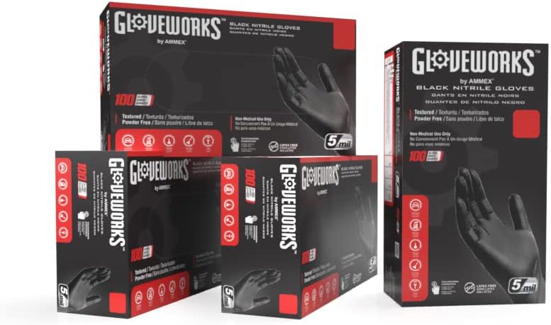 GLOVEWORKS Black Disposable Nitrile Industrial Gloves, 5 Mil, Latex & Powder-Free, Food-Safe, Textured, Medium, 4 Boxes of 100