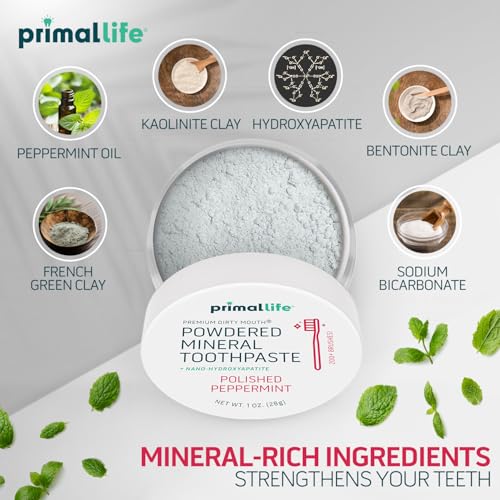 Image of Primal Life Organics - Dirty Mouth Toothpowder, Tooth Cleaning Powder, Flavored Essential Oils with Natural Kaolin & Bentonite Clay, Good for 200+ Brushings, Paleo, Organic, Vegan (Peppermint, 1 oz)