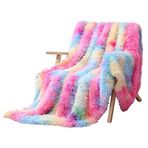 Manta, Manta Pelo Largo Mullida Súper Suaves y Cálidas, Manta Peluche PV y Franela de Doble Cara, Manta para Sofa, Cama, 130x160cm, Arcoíris