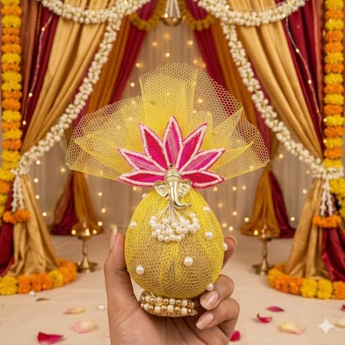 Image of Decorative Nariyal with Ganesha for Pooja Wedding Kalash Craft Decoration Spiritual Religious Festive Use Traditional Decorative Item