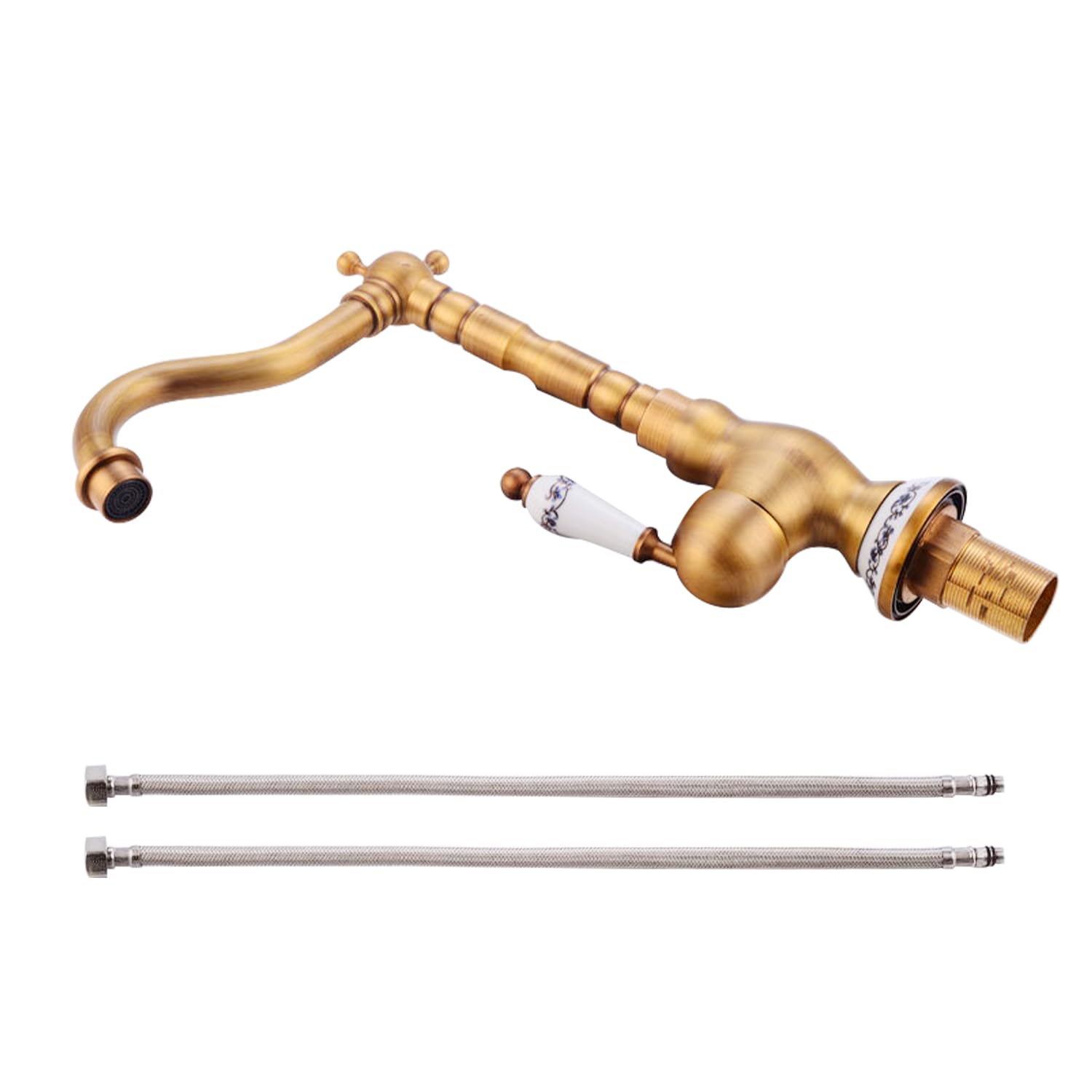 Grifo para Lavabo de Baño, Monomando Vintage de Cerámica, Estilo Retro Dorado, Latón Antiguo, con Manguera Flexible