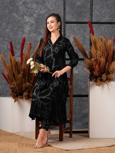 Image of GoSriKi Women's Rayon Blend A-Line Printed Kurta with Pant