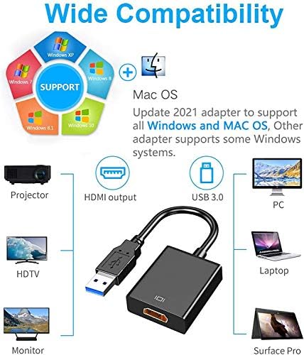 USB to HDMI Adapter, USB 3.0 / 2.0 to HDMI 1080P Full HD Video Audio Multi Monitor Converter Adaptor for PC Laptop Projector HDTV Compatible with Windows XP 7/8/8.1/10 (NO MAC & VISTA)