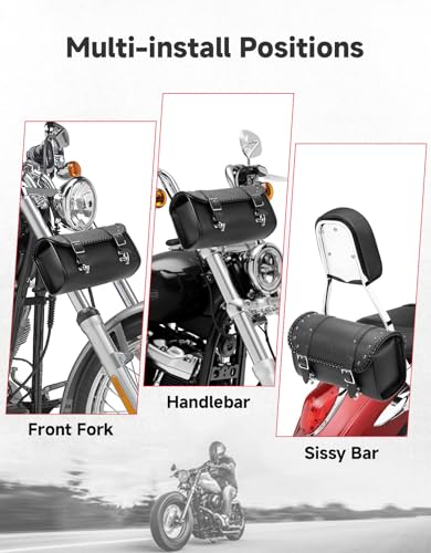 Image of KEMIMOTO Motorcycle Fork Tool Bag 4-5L Expandable with Metal Quick-release Hook, PU Leather Adjustable Capacity Universal Saddlebag for Front Fork Handlebar Sissybar Storage Pouch Motorcycle Roll Bag