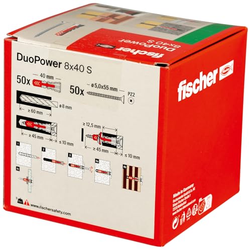 Image of Fischer DuoPower 8 x 40 S, Powerful Universal Plug with Safety Screw, Intelligent 2-Component Technology for fastenings in Concrete, Bricks, Stone, Gypsum plasterboard, etc., 50 Plugs & 50 Screws