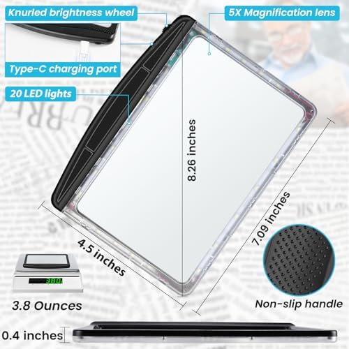Rechargeable 5X Magnifying Glass for Reading, Large Bright Full Page Magnifier with Light, Handheld LED Dimmable Lighted, Lightweight Book Magnifier for Reading Small Prints Seniors Low Vision - 5